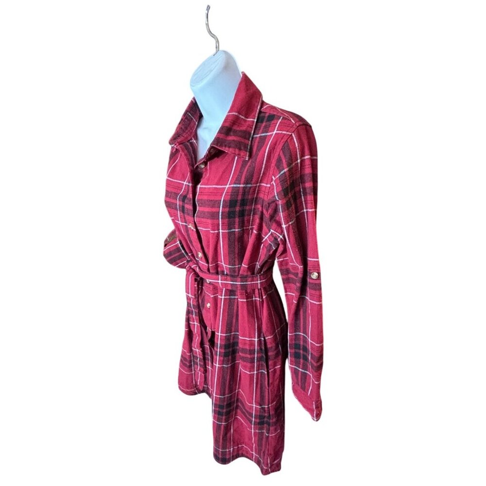 Stillwater Supply Co. Red Plaid Button-Down Belted Shirt Dress M Cotton Blend Wo - Picture 11 of 13